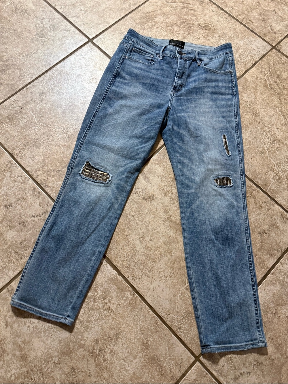 White House Black Market Women's Light Blue Straight Jeans with Distressed Knees
